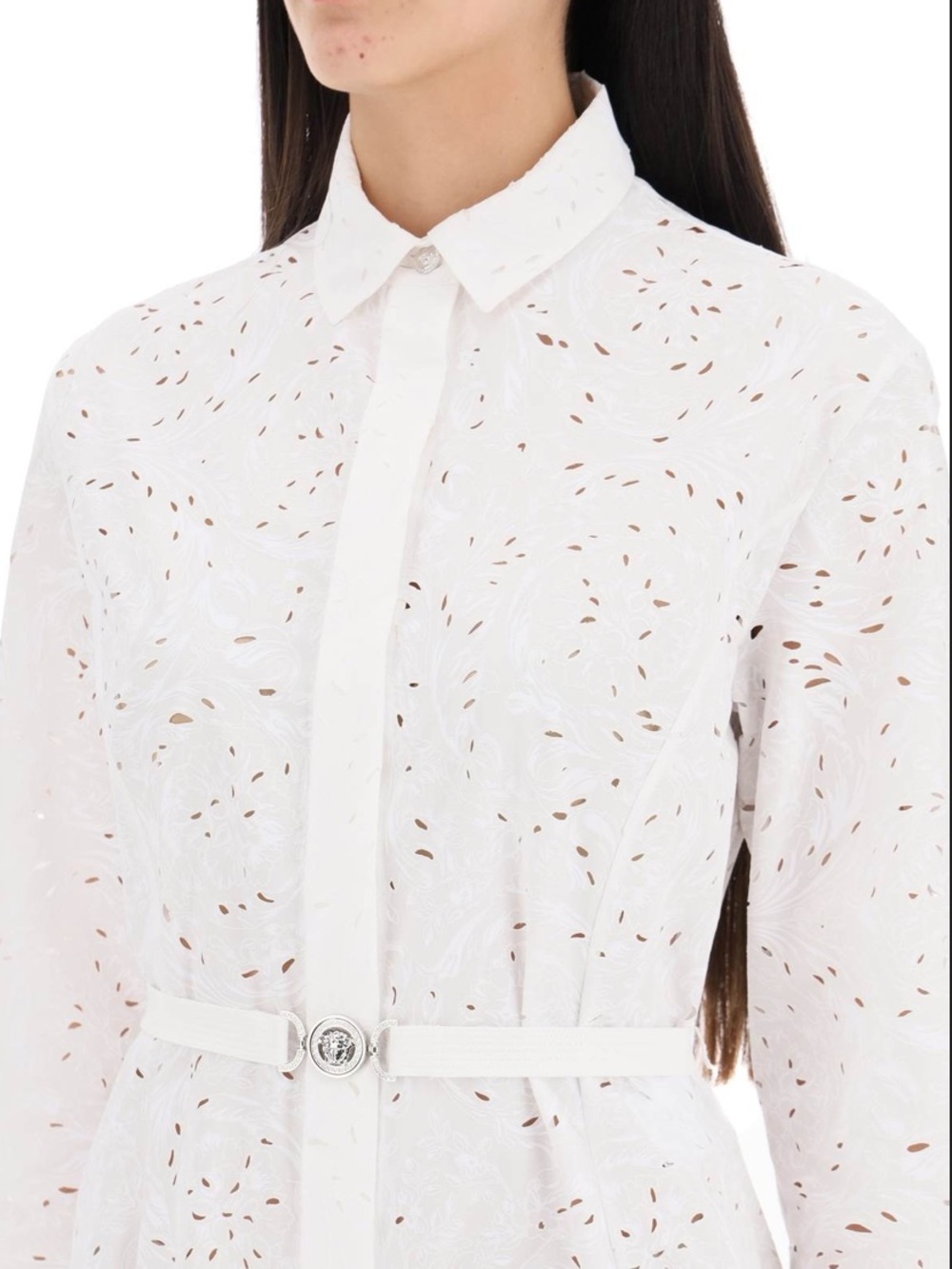 Versace White Eyelet Sangallo Shirt Dress with Signature Buckle